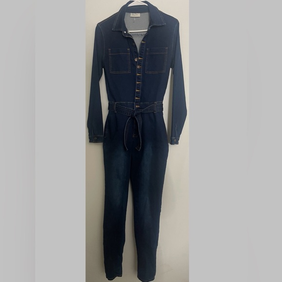 Sweet Look Pants - NWOT - Dark Stretch Belted Denim Jumpsuit - Small